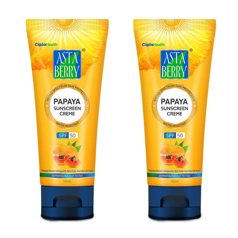 ASTABERRY Papaya Sunscreen Creme Spf 50 For All Skins- (Pack Of 2 (100Ml X 2))