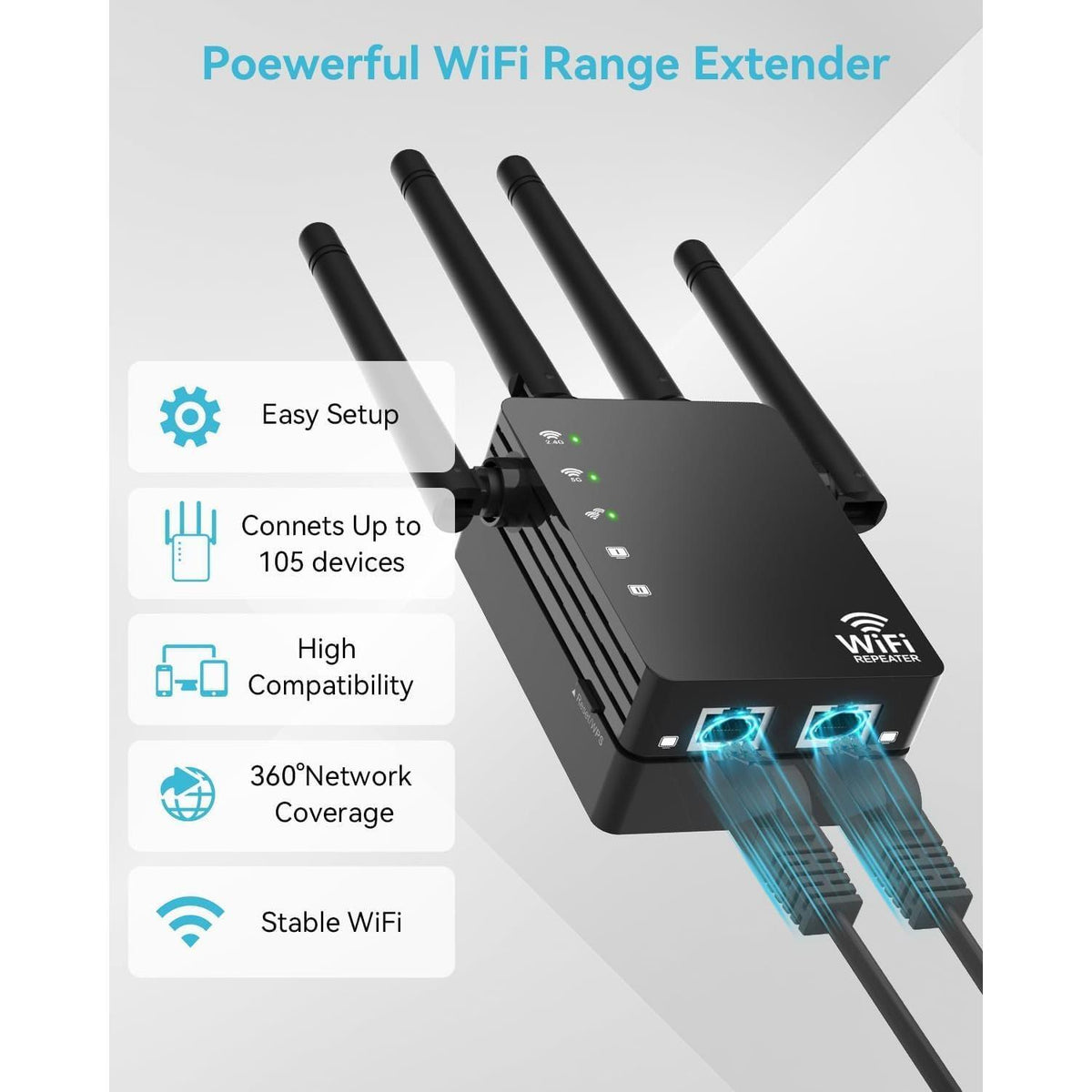 WiFi Extender Signal Booster with Ethernet Port, Dual Band 5GHz/2.4GHz, Up to 12880 Sq. Ft Coverage, WiFi Range Extender for Home and Outdoors, 1200Mbps WiFi Booster(Black)