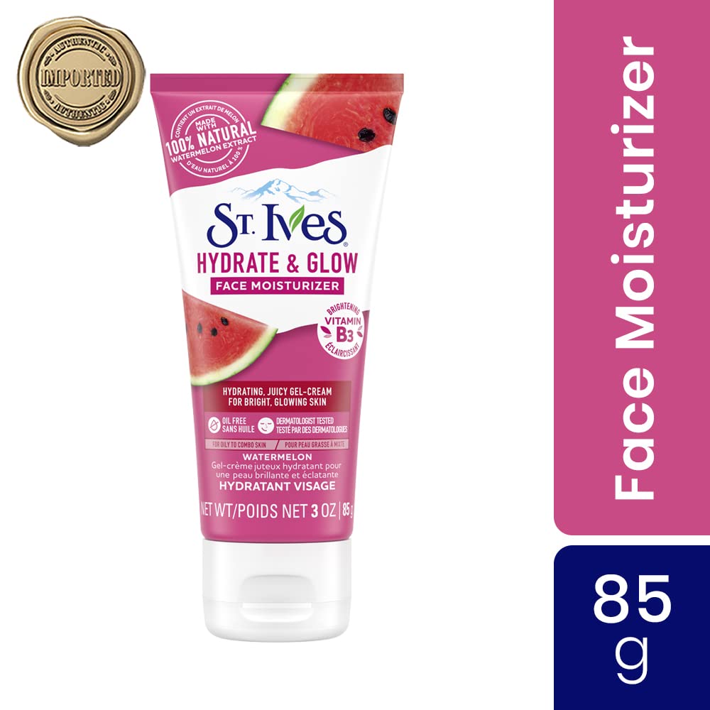 St. Ives Hydrate & Glow Watermelon Face Moisturizer with 100% Natural Extracts for Soft & Nourished Skin, Non-Greasy Face Cream, Paraben-Free, Cruelty-Free, Dermatologically Tested, 85gm