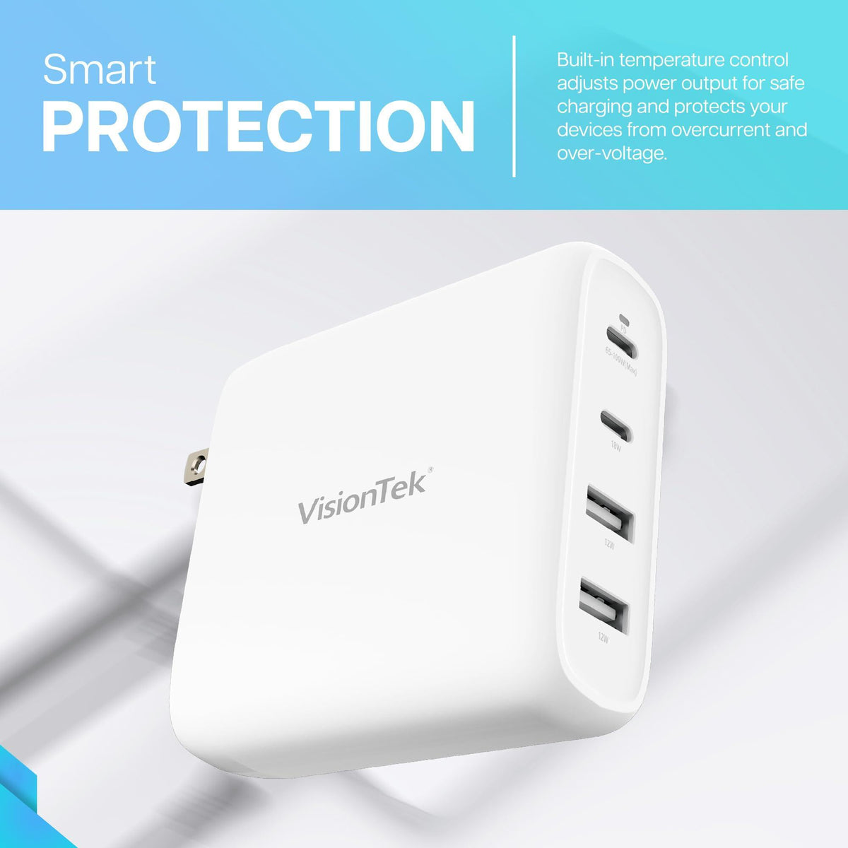 VisionTek GaN II 100W Wall Fast Charger - Quad Ports 2X USB-C 2X USB-A - Compatible with MacBook Pro/Air, Ipad, iPhone, Galaxy, Steam Deck, Thinkpad, Dell XPS, Pixel and More - 901537