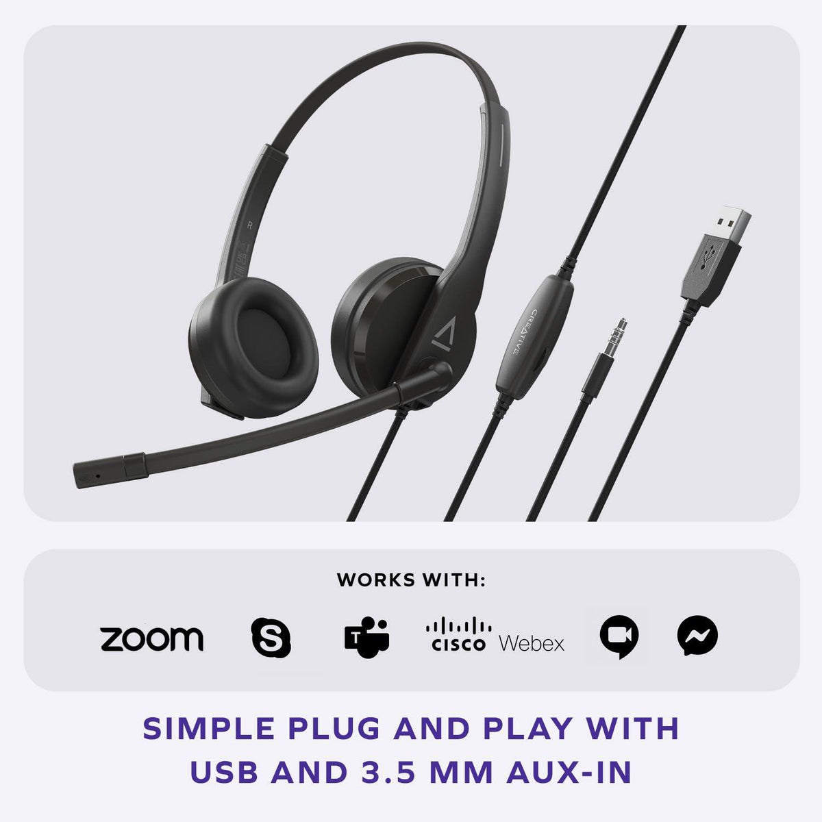 Creative HS-230 USB & 3.5 mm On-Ear Headset with Noise-Cancelling Mic, Inline Mic Mute/Volume Control, Plug-and-Play for Video Calls