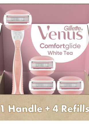 Gillette Venus ComfortGlide White Tea Women's Razor, Handle + 4 Blade Refills