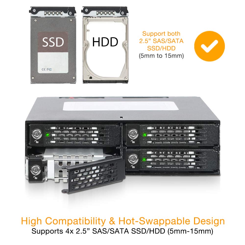 ICY DOCK 4 Bay 2.5in SAS/SATA HDD/SSD Mobile Rack Enclosure for 5.25" Bay (with Keylock) | ToughArmor MB994SK-1B