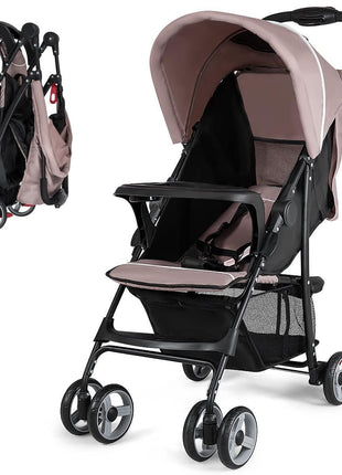 Baby Joy Lightweight Stroller, Compact Toddler Travel Stroller for Airplane, Infant Stroller w/Adjustable Backrest/Footrest/Canopy, 5-Point Harness, Storage Basket, Easy One-Hand Fold, Coffee