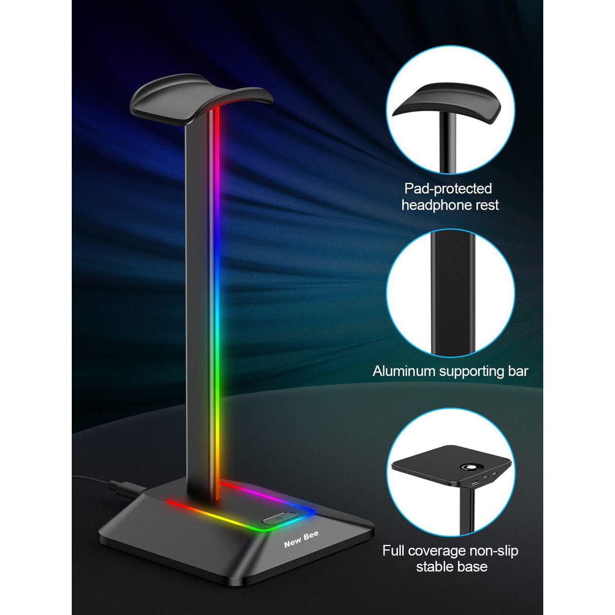 New bee RGB Headphone Stand with 1 USB-C Charging Port and 1 USB Charging Port, Desk Gaming Headset Stand with 7 Light Modes for All Earphone Accessories (Black)