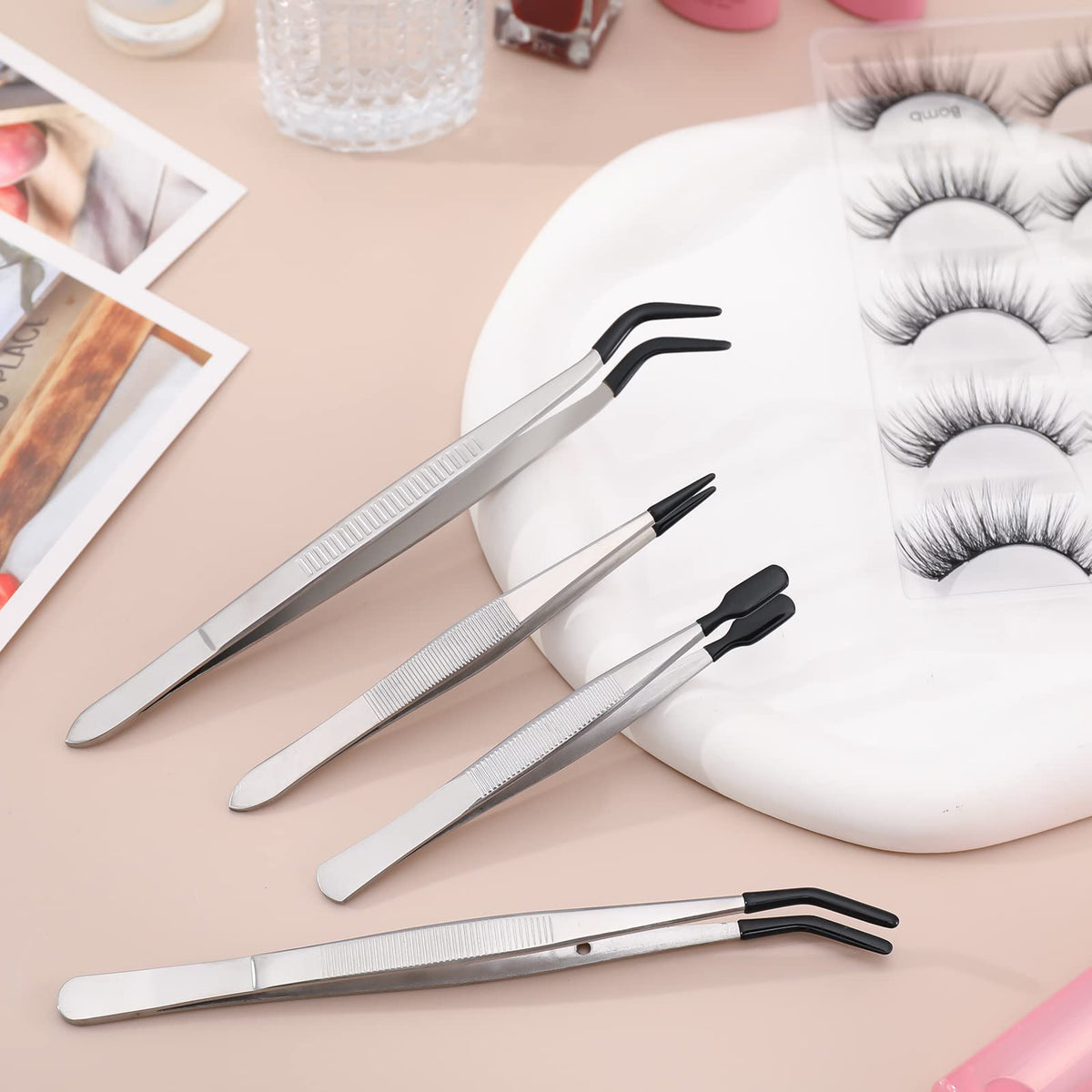 DragonflyDreams 4 Pieces Tweezers with Rubber PVC Coated Set, Straight Tip Tweezers Rubber Flat Tip Long Bent Tweezer for Crafts Stamps Beads Jewelry Tools (Rubber Tweezer)