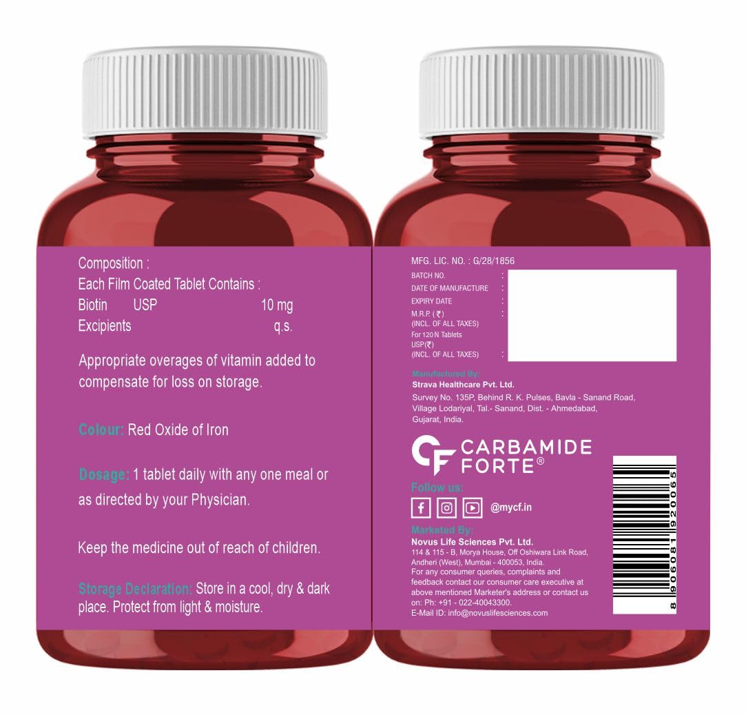 Carbamide Forte Biotin 10000mcg for Hair Growth, Skin & Nails - 120 Veg Tablets