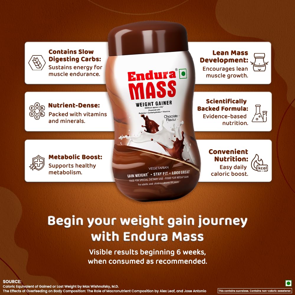 Endura Mass Weight Gainer Powder| Mass Gainer | Gain Weight, Post Workout, 74 g Carbohydrate, 15 g Protein, Healthy Fats (Chocolate, 1 Kg)