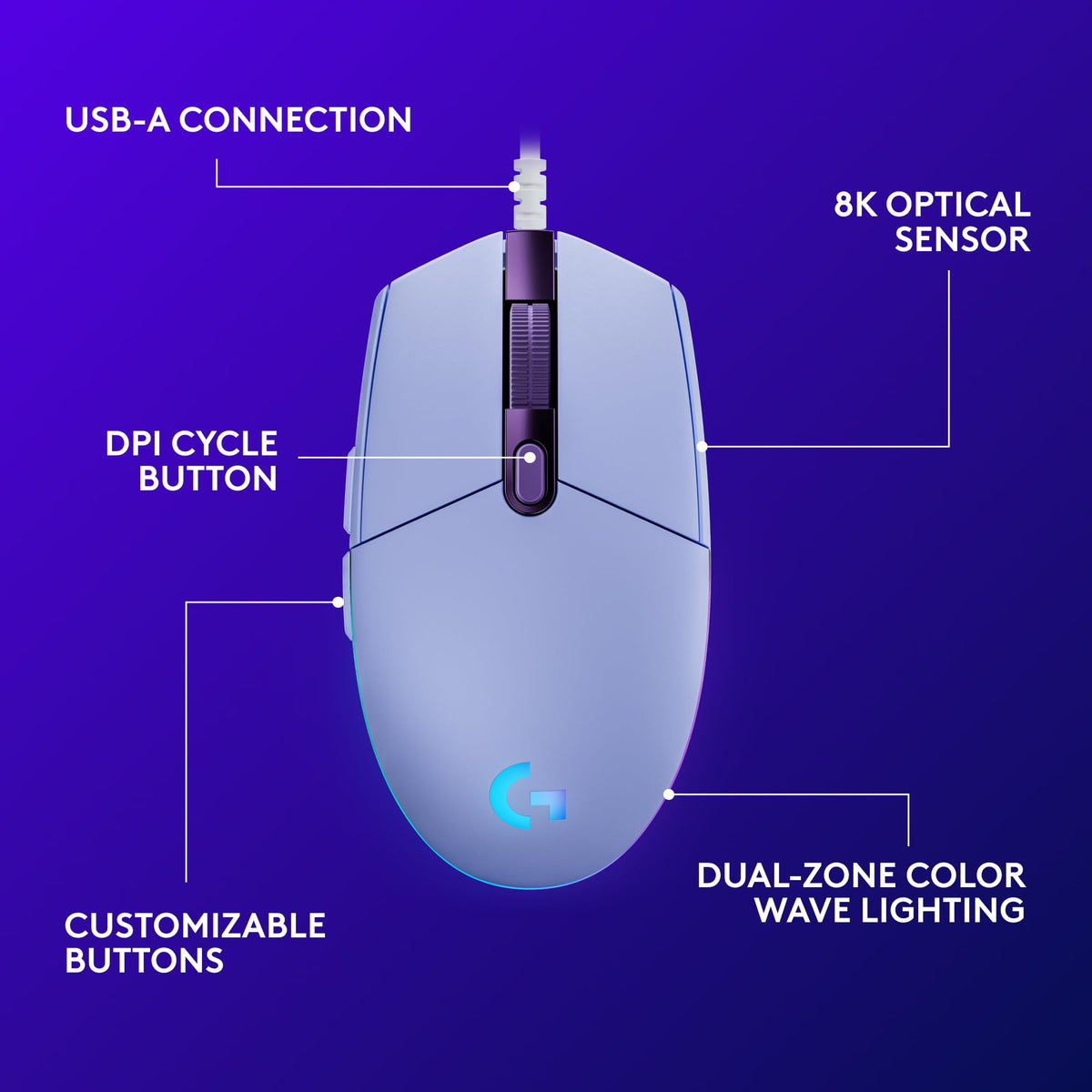 Logitech G203 Wired Gaming Mouse, 8,000 DPI, Rainbow Optical Effect LIGHTSYNC RGB, 6 Programmable Buttons, On-Board Memory, Screen Mapping, PC/Mac Computer and Laptop Compatible - Lilac