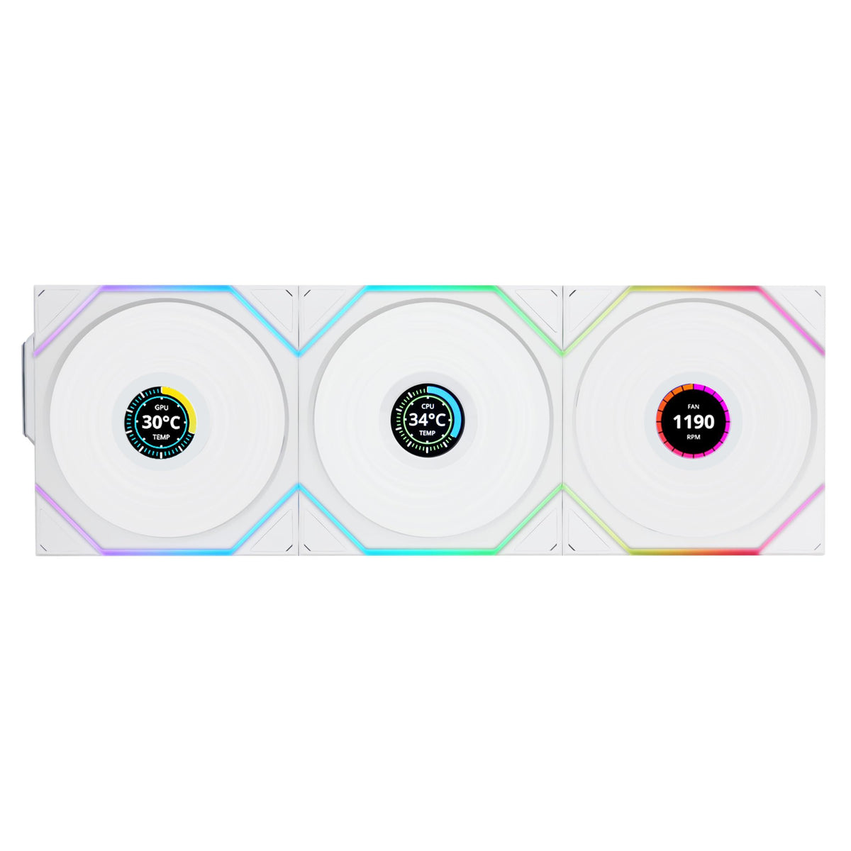 Lian Li UNI Fan TL LCD Wireless 120-Triple Pack-2.4 GHz Wireless Signal ARGB Fan-Infinity Mirror-Daisy-Chain Design-Customizable Lighting Effects-Controller Included & Required - White (12TLLCD1W3W)