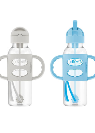 Dr. Brown's Milestones Narrow Sippy Straw Bottle, Spill-Proof with 100% Silicone Handles and Weighted Straw, 8 oz/250 mL, Blue/Gray, 6m+