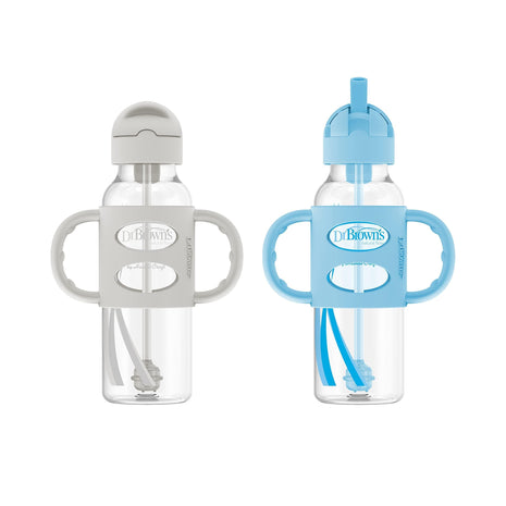 Dr. Brown's Milestones Narrow Sippy Straw Bottle, Spill-Proof with 100% Silicone Handles and Weighted Straw, 8 oz/250 mL, Blue/Gray, 6m+