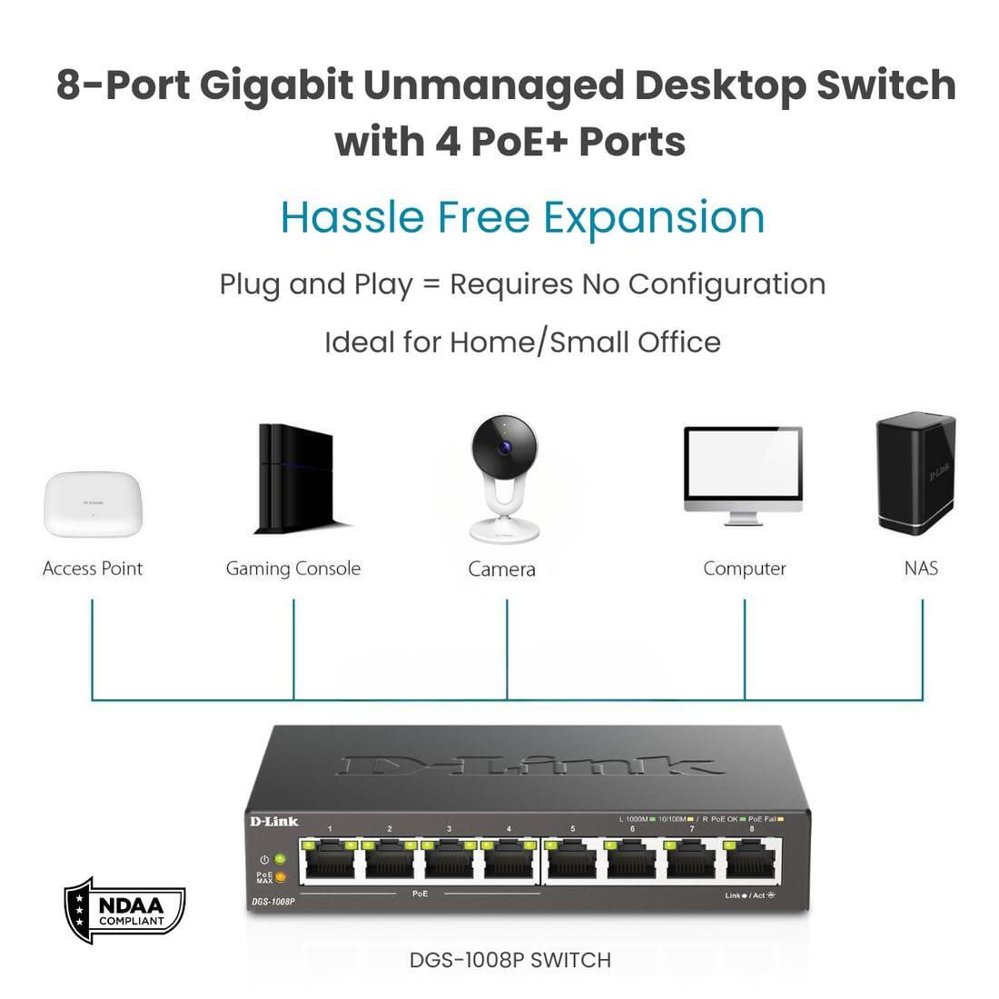 D-Link PoE Switch, 8 Port Ethernet Gigabit Unmanaged Desktop Switch with 4 PoE Ports 68W Budget (DGS-1008P),Black