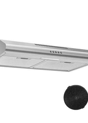 24 inch Range Hood Under Cabinet, Stainless Steel Range Hood 280CFM, Slim Kitchen Stove Hood w/Push Button, Ducted/Ductless Convertible, 3 Speeds Exhaust Fan, LED Light and Carbon Filter