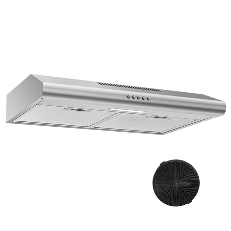 24 inch Range Hood Under Cabinet, Stainless Steel Range Hood 280CFM, Slim Kitchen Stove Hood w/Push Button, Ducted/Ductless Convertible, 3 Speeds Exhaust Fan, LED Light and Carbon Filter