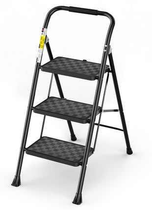 HBTower 3 Step Ladder, 3 Step Stool for Adults, 3 Step Ladder Folding Step Stool with Cushioned Handle Step Ladder with Wide Pedal Ergonomic Design,Black