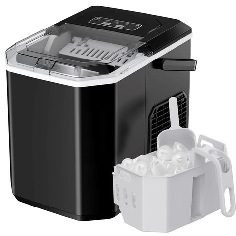 Ice Maker Countertop, Portable Ice Machine with Carry Handle, Self-Cleaning Ice Makers with Basket and Scoop, 9 Cubes in 6 Mins, 26 lbs per Day, Ideal for Home, Kitchen, Camping, RV, Black