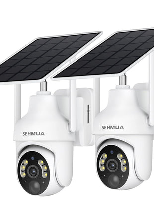 SEHMUA 2K Solar Security Cameras Wireless Outdoor, 2 Pack 360° View Pan/Tilt WiFi Security Camera Outside with Color Night Vision,Easy to Install, PIR Alarm, 2-Way Audio