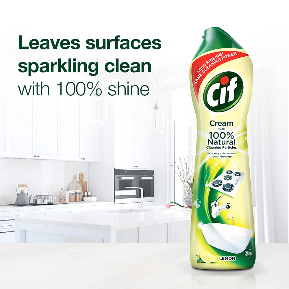 Cif Lemon Abrasive Surface Cleaner Cream for Kitchen & Bathroom, Removes Grease, Dirt & Tough Stains with Natural Cleaning Particles, 2x500ml