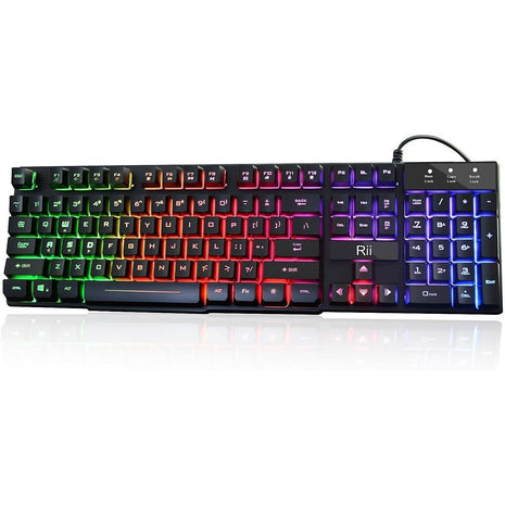 Rii RK100+ Multiple Color Rainbow LED Backlit Large Size USB Wired Mechanical Feeling Multimedia PC Gaming Keyboard,Office Keyboard for Working or Primer Gaming,Office Device