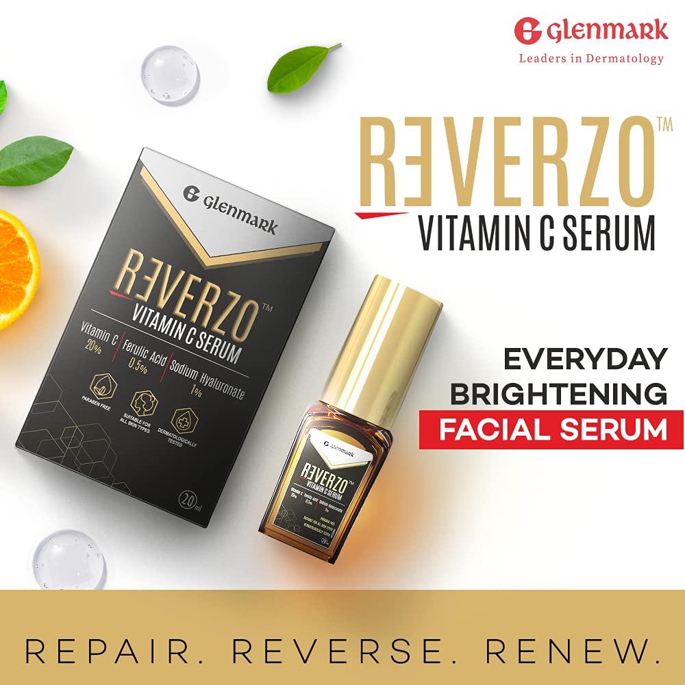 Reverzo Glenmark Vitamin C Serum with 20% Vitamin C + Hyaluronic & Ferulic Acid for Skin Brightening, Even Skin Tone, Anti-aging, Pigmentation, Hydrates Skin, Reduces Dark Spots for Unisex, 20ml