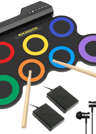 ROCKSOCKI Electric Drum Set, 7-Pad Kids Electronic Drum Set with Headphone Included, Roll-up Drum Practice Pad, Great Holiday Xmas Birthday Gift for Kids