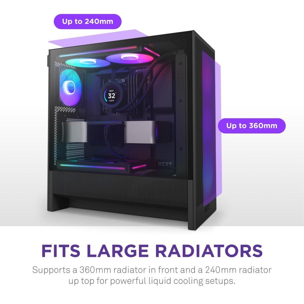 NZXT H5 Flow RGB 2024 - Compact ATX Mid-Tower PC Gaming Case - High Airflow - F360 RGB Core (CV) Included - 360mm Front & 240mm Top Radiator Support - Cable Management - Tempered Glass - Black