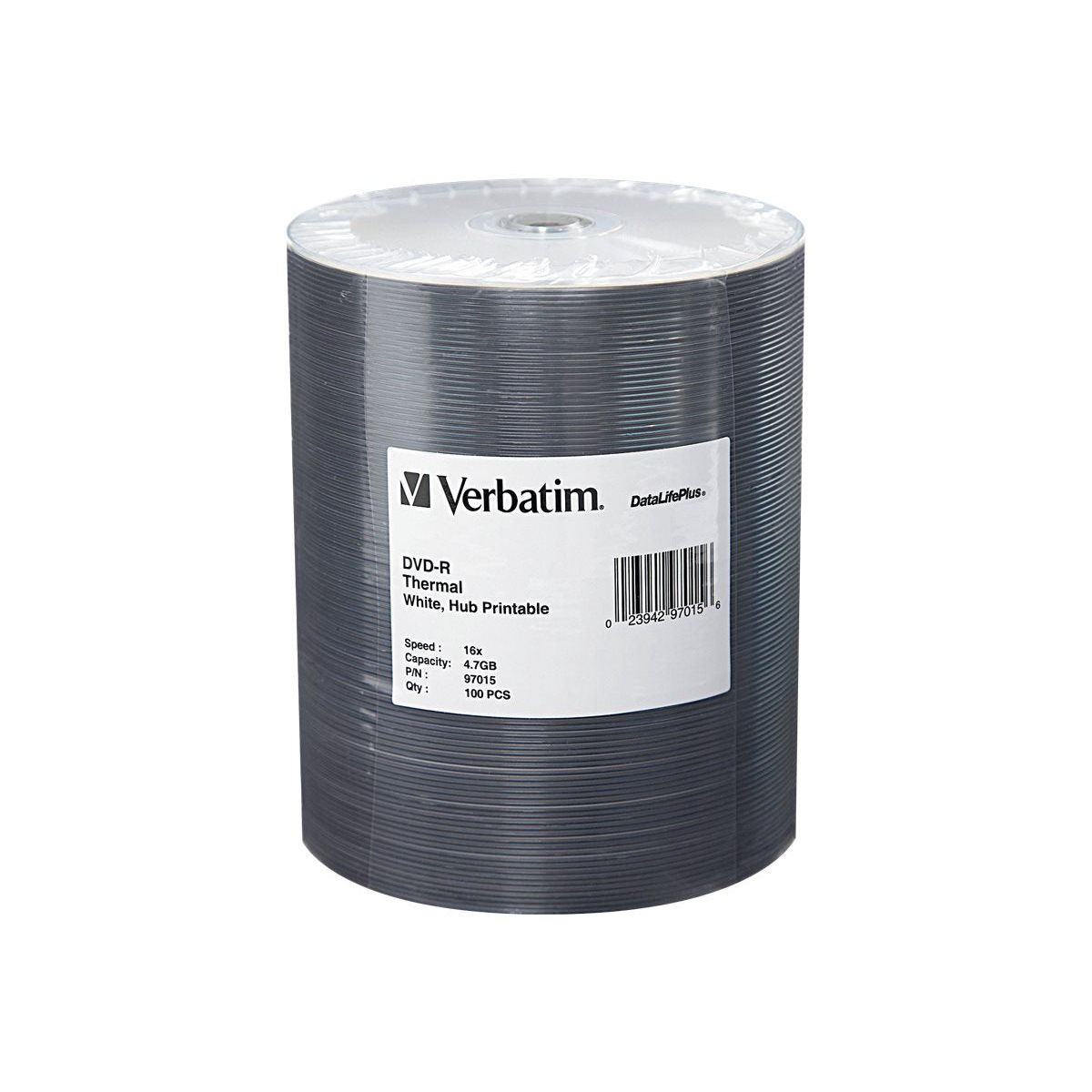 Verbatim DVD-R 4.7GB 16X DataLifePlus White Thermal Printable, Hub Printable - 100Pk Tape Wrap