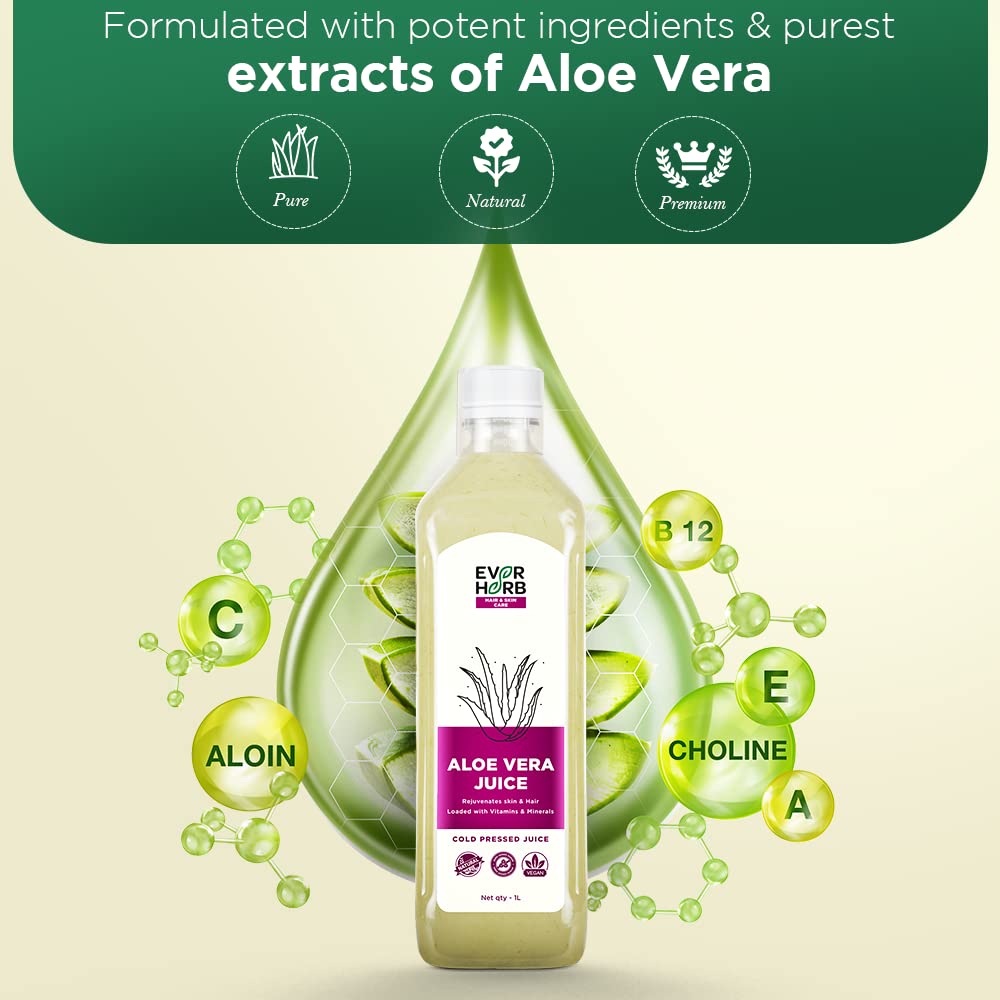 Everherb (by PharmEasy) Aloe Vera Juice - 1L | All Natural Tonic for Glowing Skin and Healthy Hair | 100% Natural Ayurvedic Organic Detoxifer for Boosting Immunity, Skin Care and Hair Care - 1000 ml