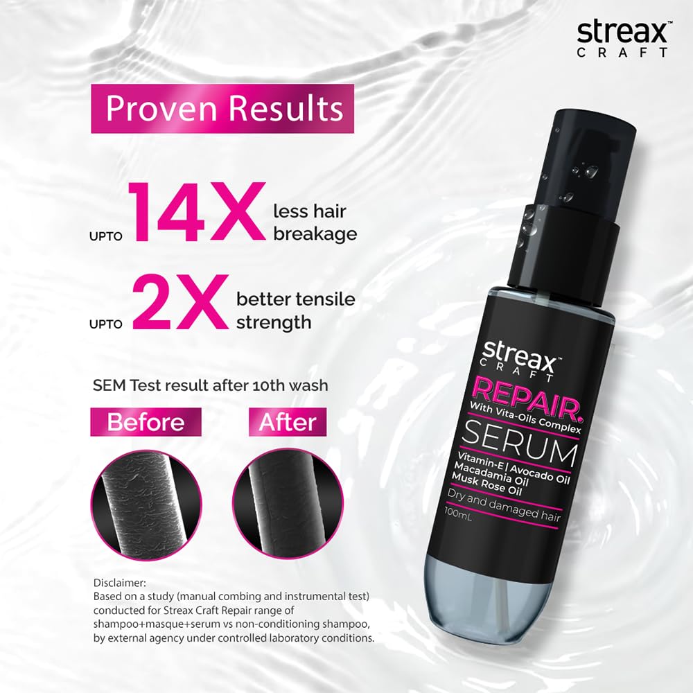 Streax Craft Repair Hair Serum, 100 ml I Hair serum for women I Hair Serum For Dry and Damaged Hair I Repair With Vita-Oils Complex I Enriched with Vitamin- E , Avocado Oil , Macadamia Oil , Musk Rose Oil