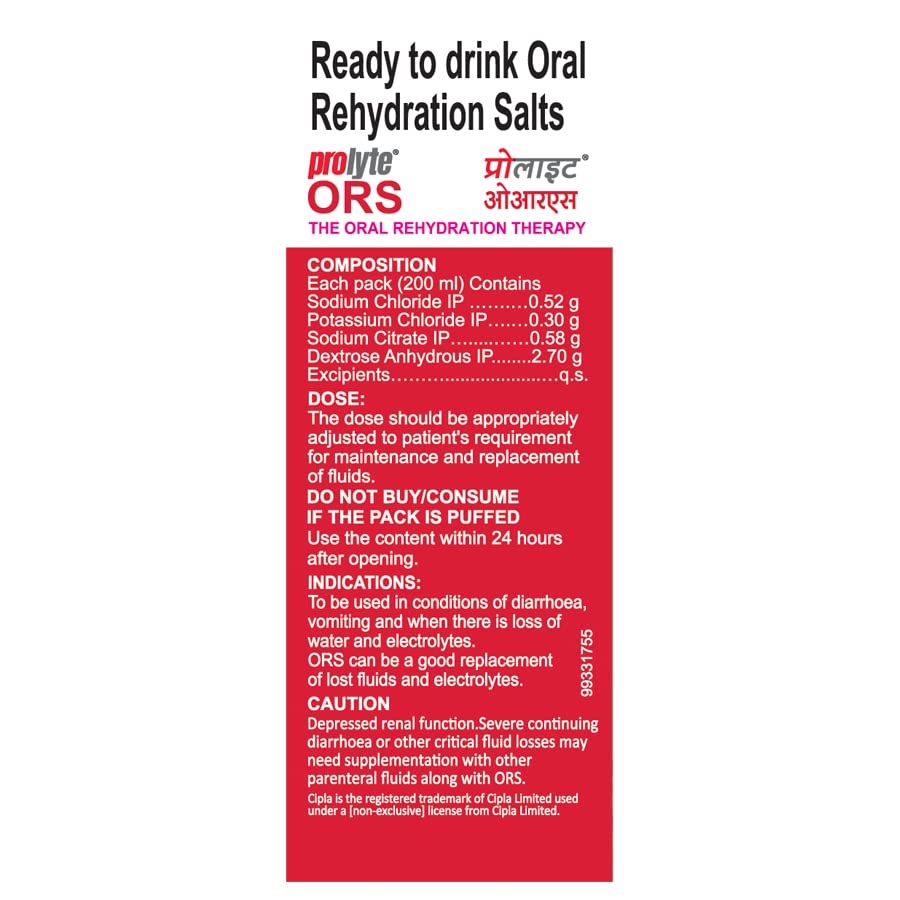 Cipla Prolyte ORS Ready to Drink Oral Rehydration Contains Vital Electrolytes | Restores Body Fluids & Electrolytes Lost Due to Sweating, Diarrhea & Vomiting | WHO Formula (Mixed Fruit, Pack of 10)