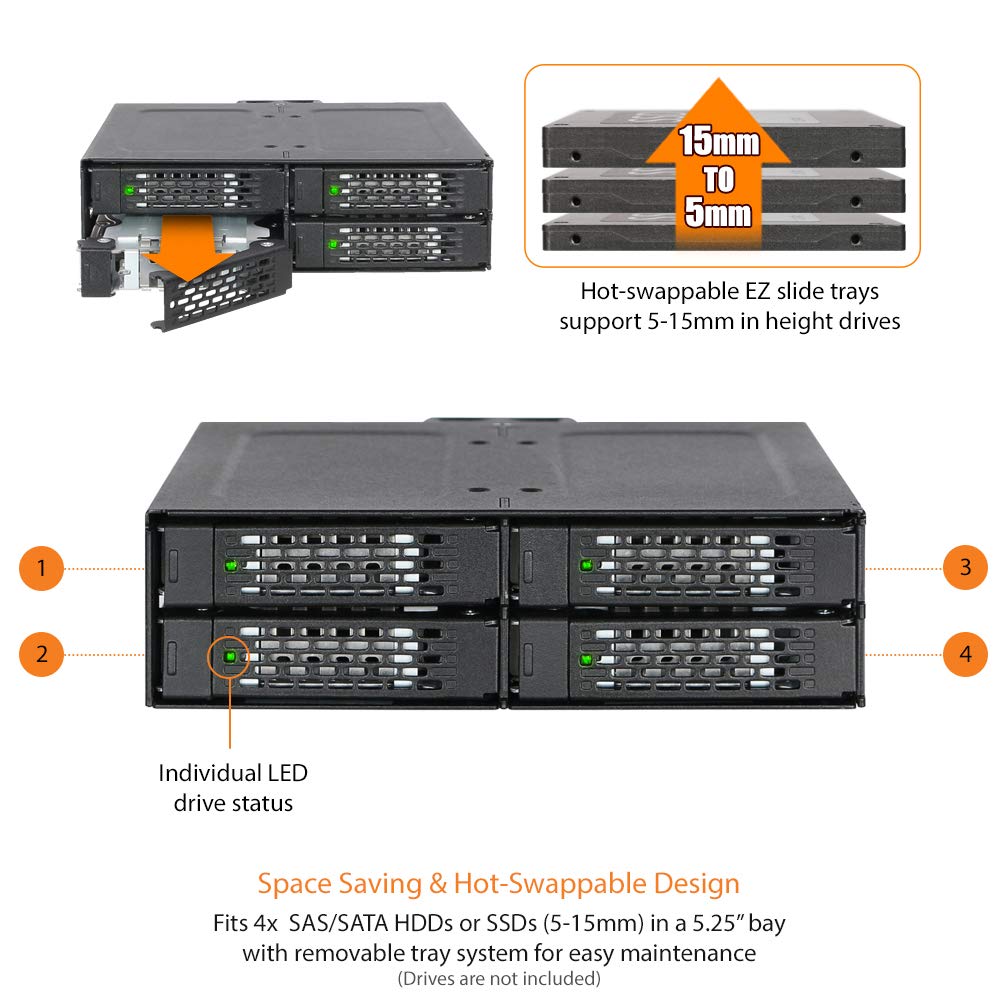 ICY DOCK 4 Bay 2.5 SAS/SATA HDD/SSD Metal Mobile Rack Enclosure for 5.25" Bay (with Fan Control) | ToughArmor MB607SP-B