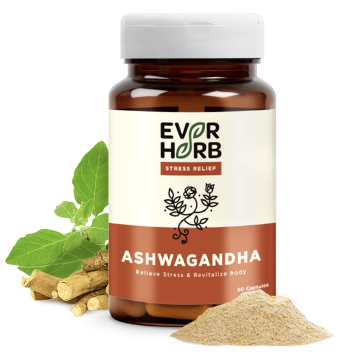 EVERHERB 100% Pure Ashwagandha 500 mg | General Health | Energy & Endurance | Clinically Researched Ingredients - 60 Veg Capsules