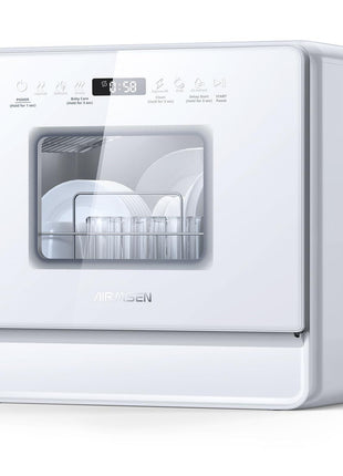 AIRMSEN Countertop Dishwasher Complete 2-Level Rack, Portable Dishwashers with 5L Built-in Water Tank, 3-Spray Arms & 12H Delay Start, No Hookup Needed, A01, White