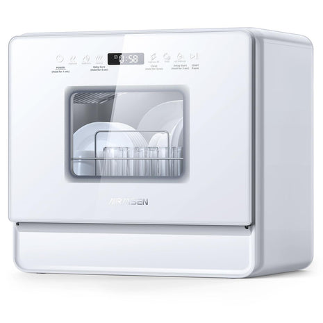 AIRMSEN Countertop Dishwasher Complete 2-Level Rack, Portable Dishwashers with 5L Built-in Water Tank, 3-Spray Arms & 12H Delay Start, No Hookup Needed, A01, White