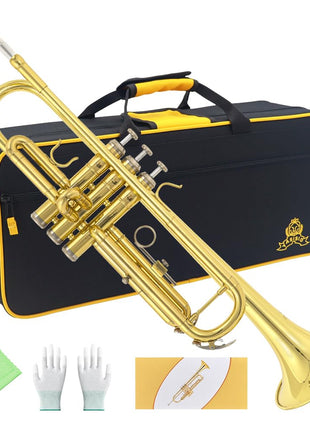 Trumpet Instrument,Band & Orchestra Musical Instruments for Beginners,With trumpets case,Mouthpiece,Cloth and Gloves (Golden)