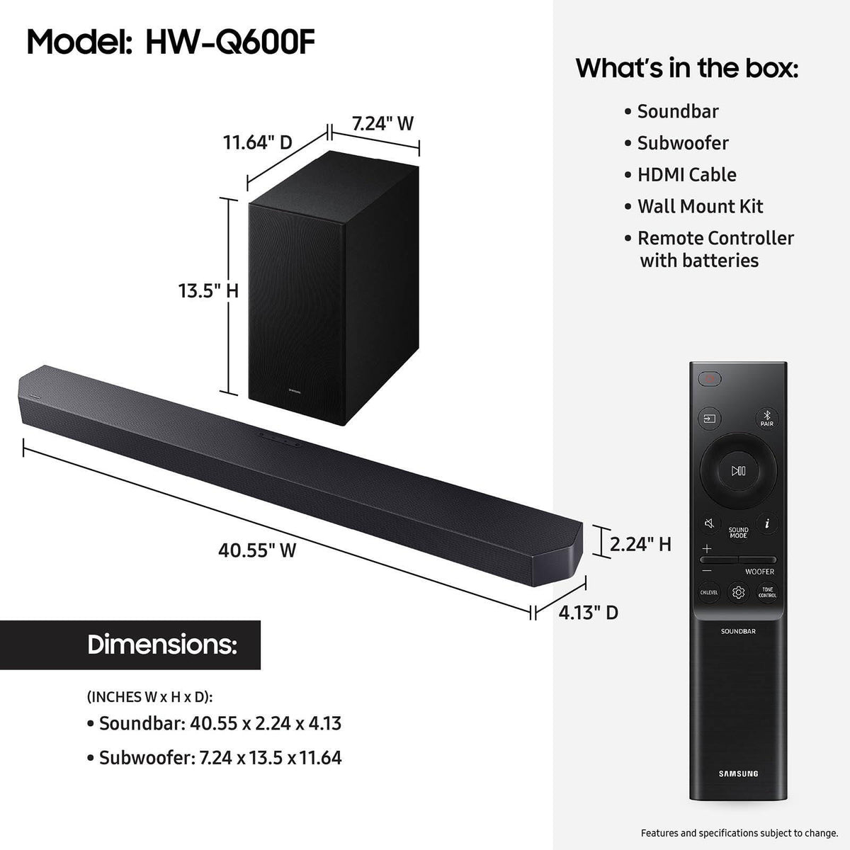 Samsung Q-Series Soundbar HW Q600F 3.1.2 ch Subwoofer (2025 Model) SpaceFit Sound Pro, Q-Symphony, Adaptive Sound
