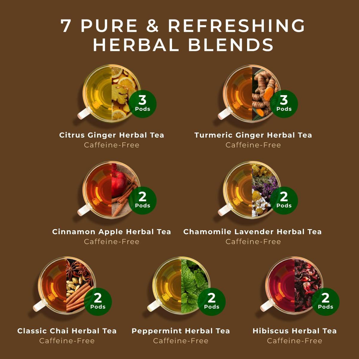 Gya Tea Co Caffeine Free Tea Gift Set Purely Herbal Collection Tea Pod (16 ct) - 7 Flavors Assorted Variety Pack with Hibiscus, Chamomile & Ginger