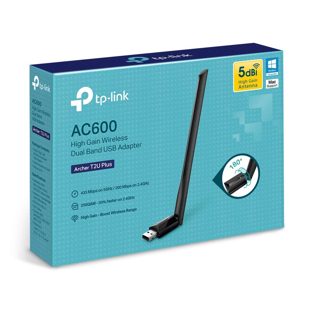 TP-Link AC600 USB WiFi Adapter for PC (Archer T2U Plus)- Wireless Network Adapter for Desktop with 2.4GHz, 5GHz High Gain Dual Band 5dBi Antenna, Supports Win11/10/8.1/8/7/XP, Mac OS 10.9-10.14, Black