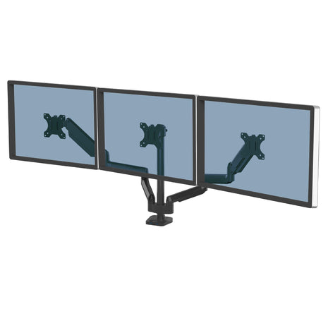 Fellowes Platinum Series Triple Monitor Arm for 27-Inch Monitors, Full Motion, 360° Rotation, VESA Mount with Grommet or Clamp, USB Ports, Ergonomic, Black, 8042601
