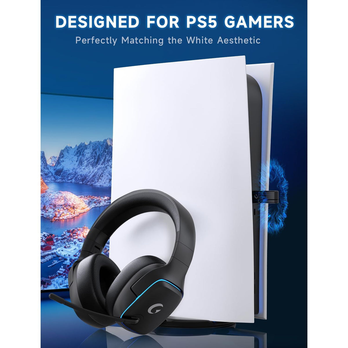 Gvyugke 2.4GHz Wireless Gaming Headsets for PS5, PS4, PC, Switch - Bluetooth 5.3 Gaming Headphones with Noise Canceling Mic, 7.1 Surround Sound, 70H Battery, Blue Lighting - Black