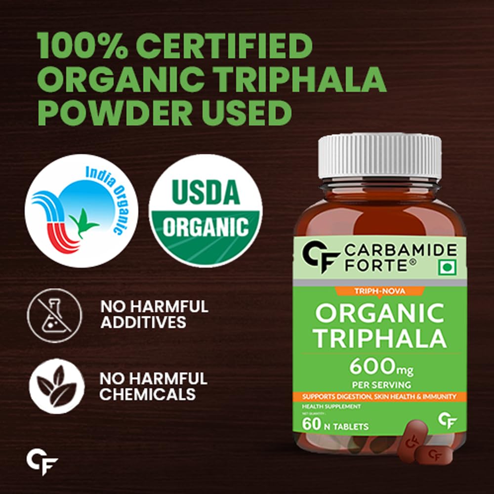 Carbamide Forte Organic Triphala Powder Tablets | 100% Natural 600mg Triphala Churna Powder Organic Tablets support Healthy Digestion, Improve Gut Health & Relieve Constipation | Triphala Tablets for eyes,hair, liver | 60 Tablets