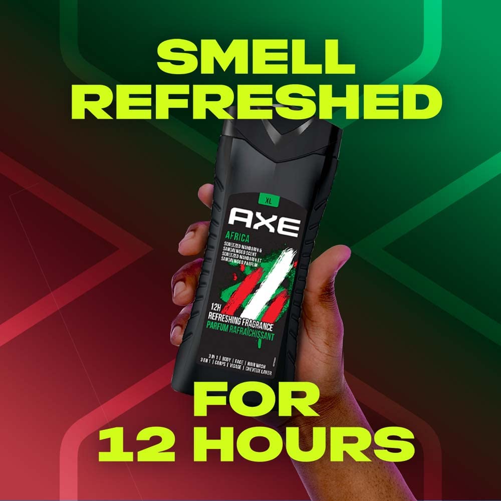 Axe Africa 3 In 1 Body, Face & Hair Wash for Men, Long-Lasting Refreshing Mandarin & Sandalwood Fragrance for Up To 12hrs,Removes Odor & Bacteria, No Parabens, Dermatologically Tested, 400ml