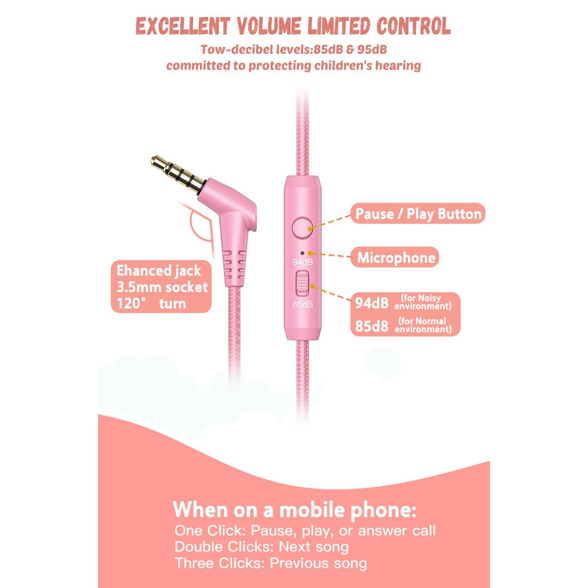 New bee Kids Headphones Wired for School with Microphone KH20 HD Stereo Safe Volume Limited 85dB/94dB Foldable Lightweight for Girl/Mac/Android/Kindle/Tablet/Pad (Pink)