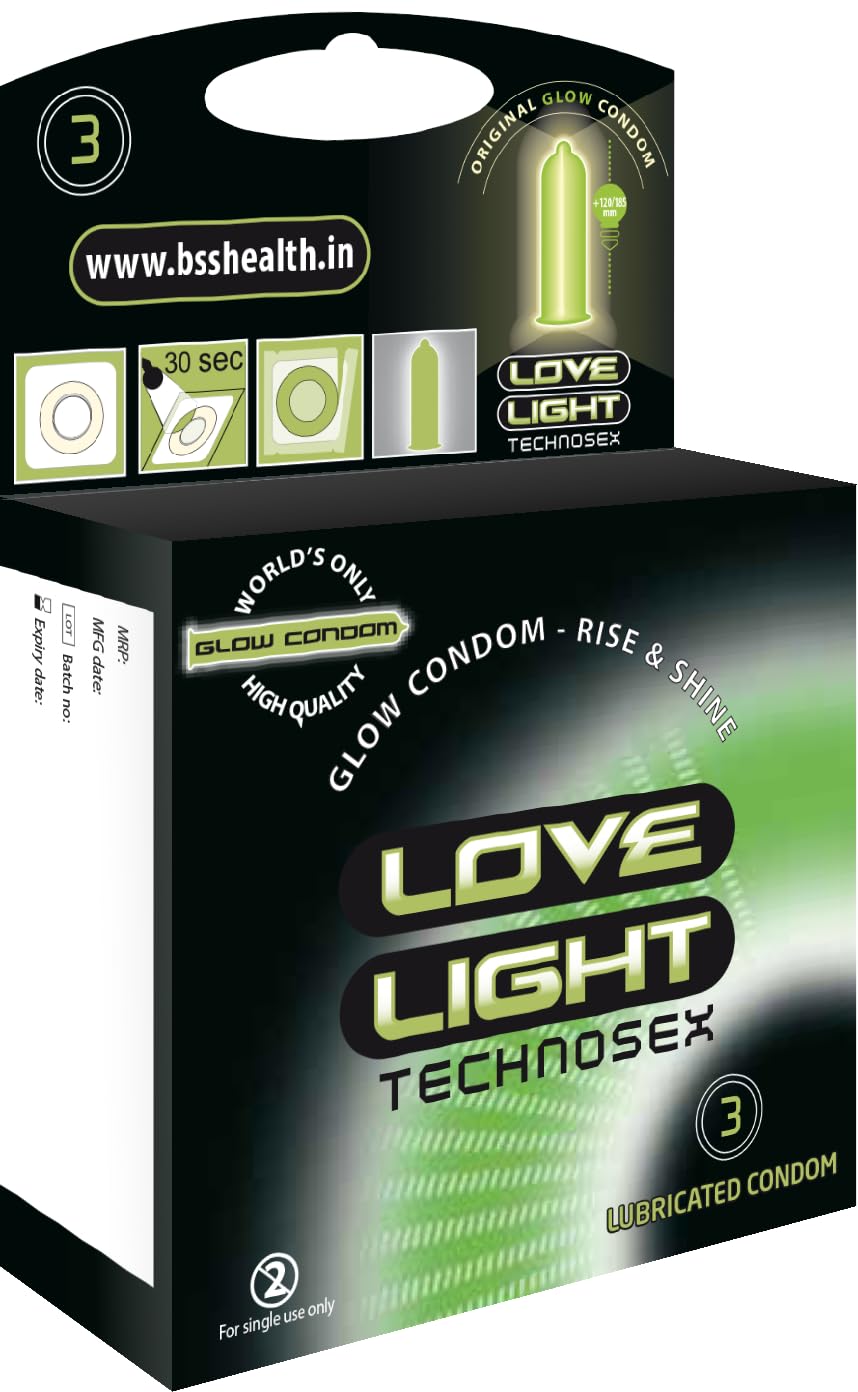 Love Light Glow condom 3 pcs pack - Natural Rubber Latex -Lubricated with Reservoir Tip -Phosphorescent - Smooth Surfaced - International quality ISO 4074