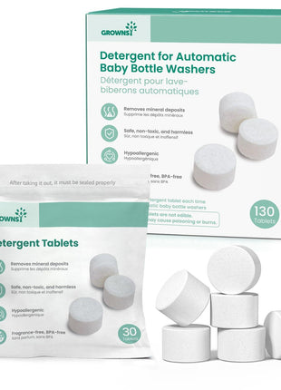 GROWNSY Bottle Washer Tablets 130 Count Detergent for a Spotless Cleaning | Fits All Brands of Baby Bottle Washers, Removes Milk Residue, Grease & Odor from Bottles, Pump Parts & Feeding Essentials