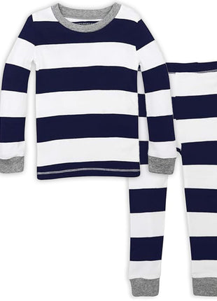 Burt's Bees Kids Boys' Toddler Pajama Tee and Pant Set, 100% Organic Cotton, Midnight Rugby Stripe, 7 Years
