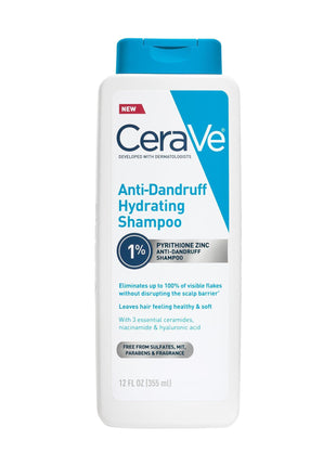 CeraVe Hydrating Anti Dandruff Shampoo, Itchy Scalp Treatment, 12oz | Helps Eliminate Flakes with 1% Pyrithione Zinc, Hyaluronic Acid, Niacinamide and Ceramides In A Sulfate Free Formula
