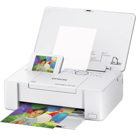 Epson PictureMate PM-400 Wireless Compact Color Photo Printer, white | Compact wireless photo printing; borderless 4 x 6 and 5 x 7 in., mobile support; ideal for home and travel