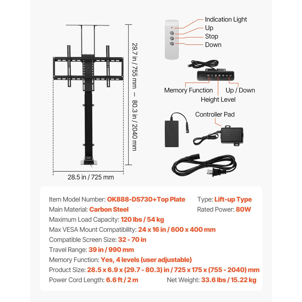VEVOR Motorized TV Lift Stand, 32-70 Inch, 120 lbs Max Load, Floor Mount, Supports Most VESA Patterns, Ideal for Offices, Living Rooms & More